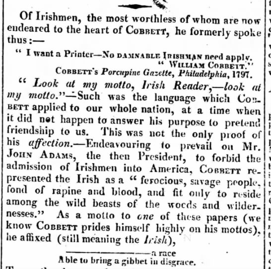 "No Irish need apply" (1810). - 