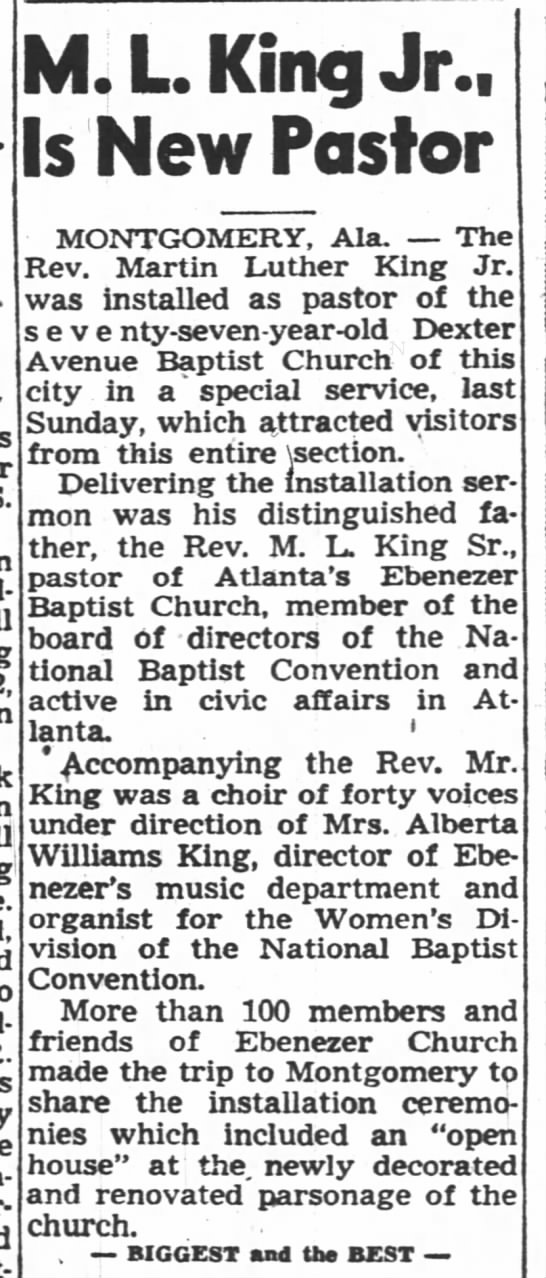 Martin Luther King Jr. becomes pastor of Dexter Avenue Baptist Church in Montgomery, Alabama, 1954 - 