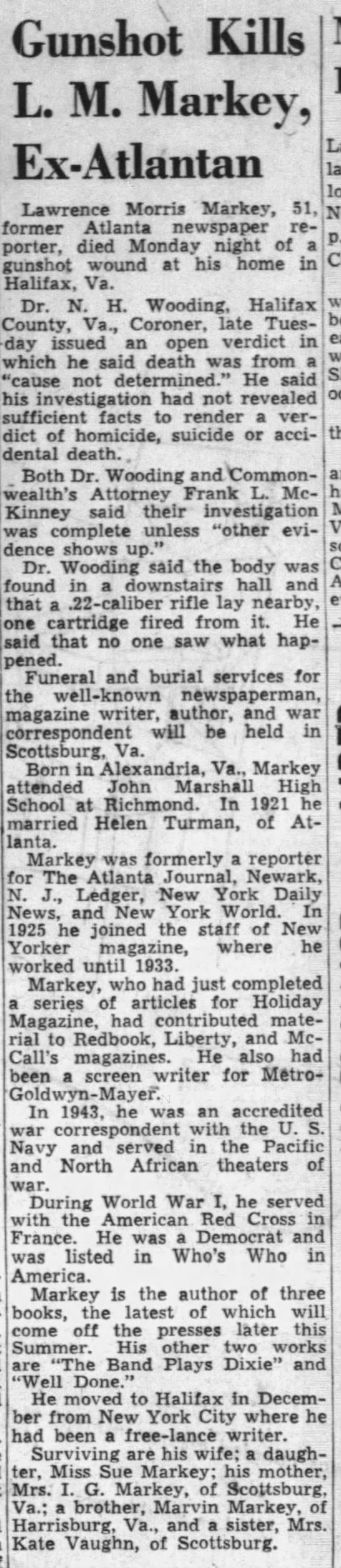 1950 Jul. Gunshot Kills Lawrence Morris Markey, 51, Ex-Atlantan. - 