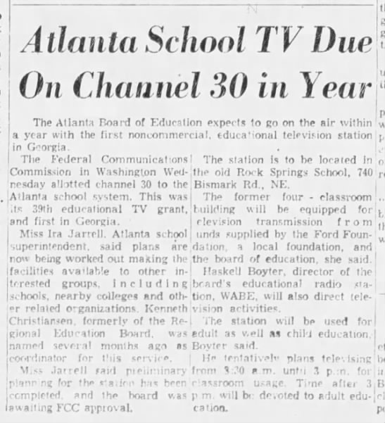 Atlanta School TV Due On Channel 30 in Year - 