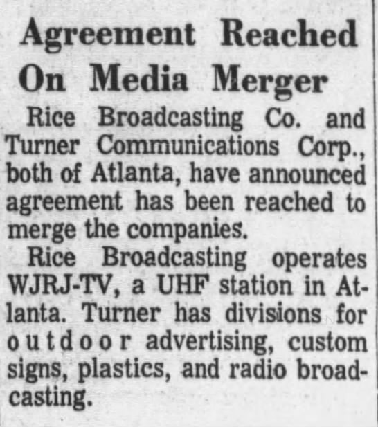 Agreement Reached On Media Merger [Turner/Rice] Atlanta Constitution 6/30/1969 - 