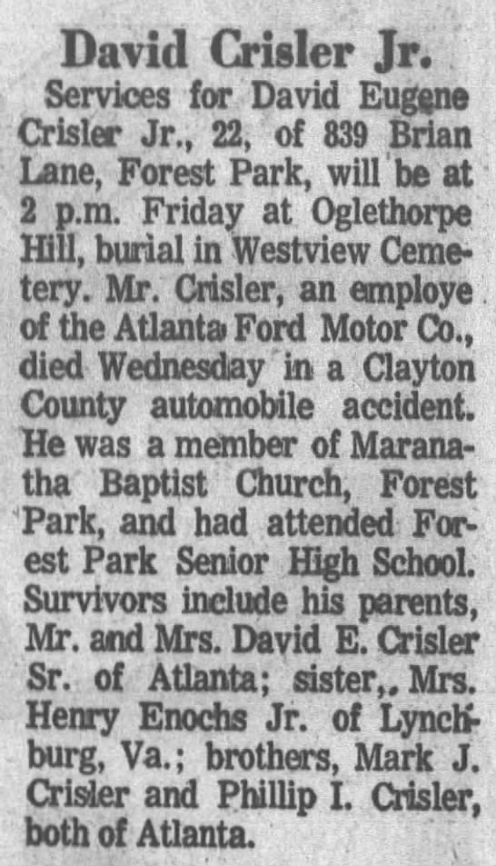 Obituary for David Eugene Crisler (Aged 22)
