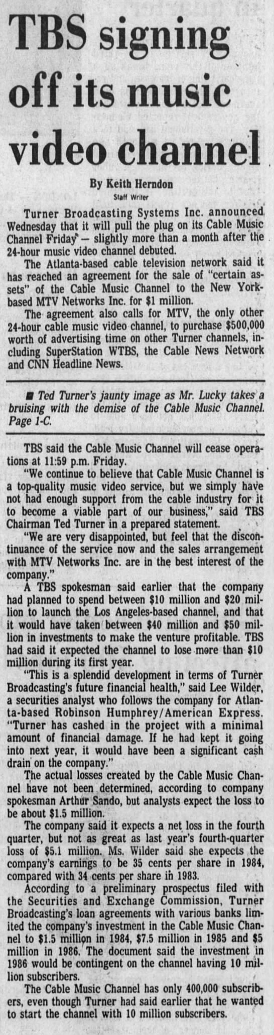 Turner sells Cable Music Channel, shuts down network - 
