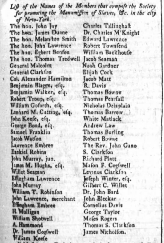 Hamilton's name appears on list of members of Society for Promoting the Manumission of Slaves - 