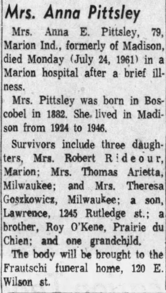 Obituary for Anna E. Pittsley, 1882-1961 (Aged 79) - 