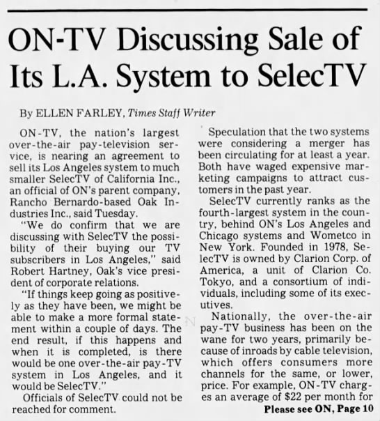 ON-TV Discussing Sale of Its L.A. System to SelecTV - 