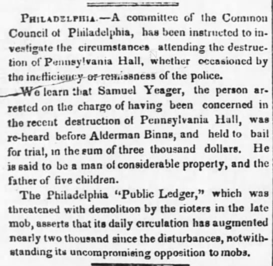 Arrest for burning of Pennsylvania Hall - 
