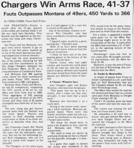 Chargers 41-37 49ers, 12 Dec 1982 - 