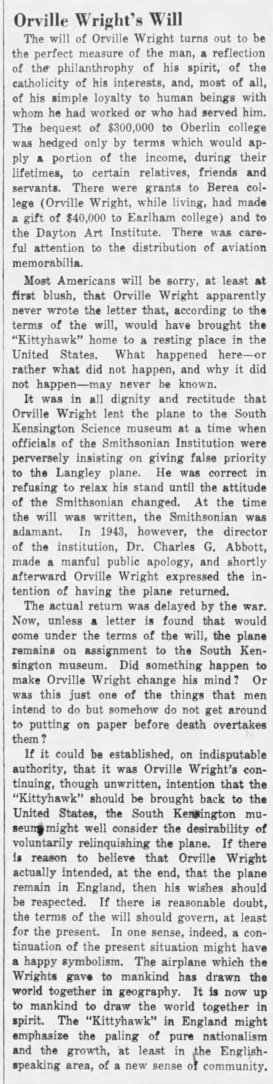 Terms of Orville Wright's will - 