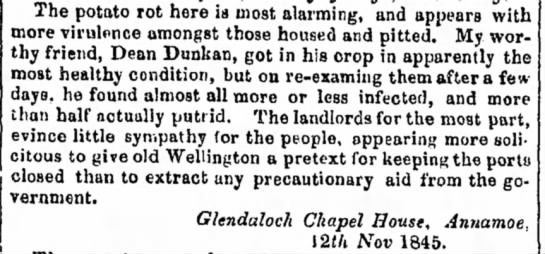 Village of Annamoe records alarming level of potato rot - November, 1845 - 