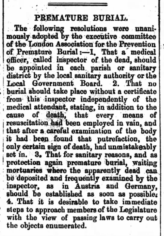 List of resolutions adopted by the London Association for the Prevention of Premature Burial (1897) - 