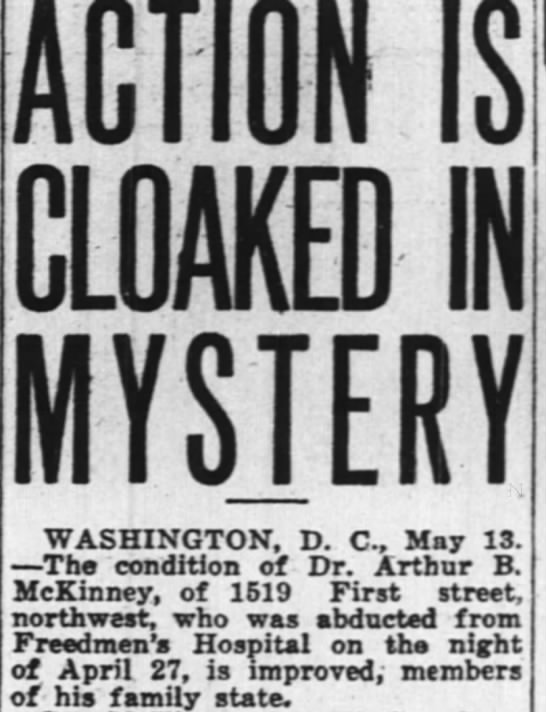 Dr. Arthur B. McKinney  abducted from Freedmen's Hospital - 