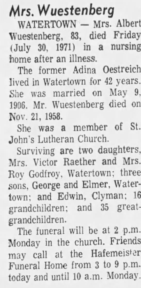 Obituary for  Wuestenberg (Aged 83) - 