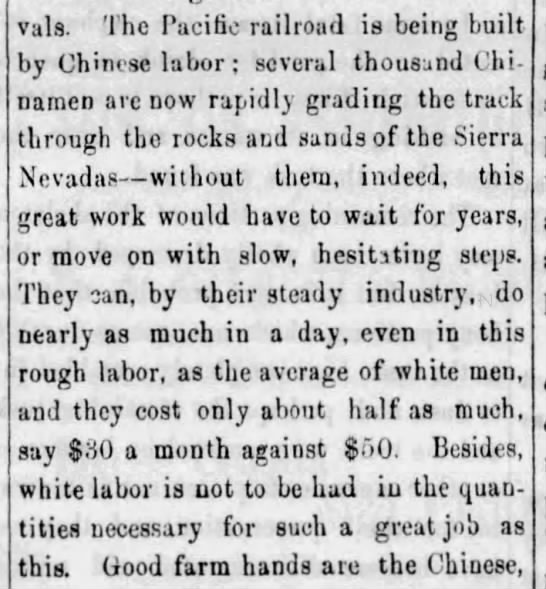 Chinese laborers work on the Transcontinental Railroad at about half the pay of white workers, 1865 - 