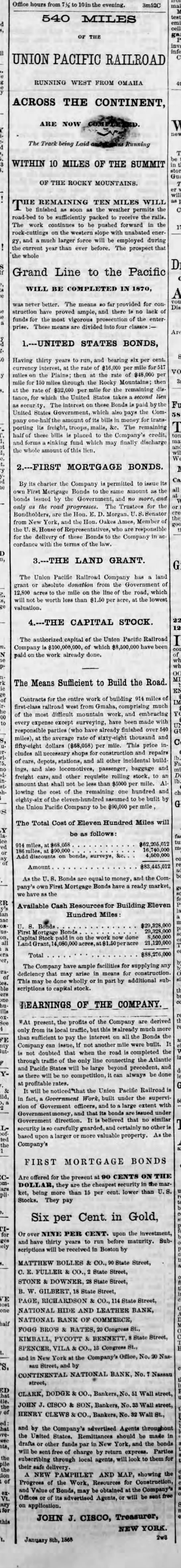 Ad for Union Pacific Railroad bonds for building of Transcontinental Railroad, 1868 - 