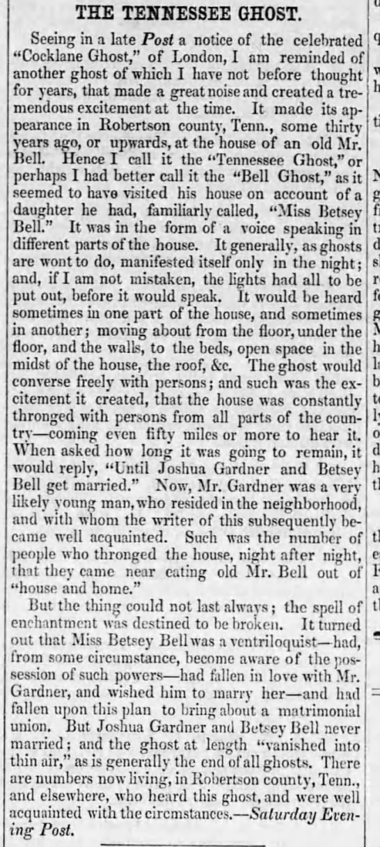 "The Tennessee Ghost" Bell Witch ghost story (1856) - 