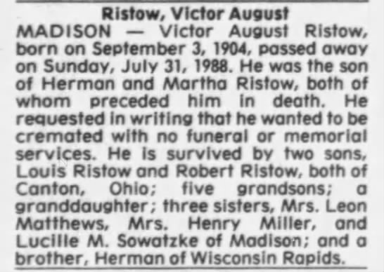 Obituary for Victor August Ristow, 1904-1988 - 