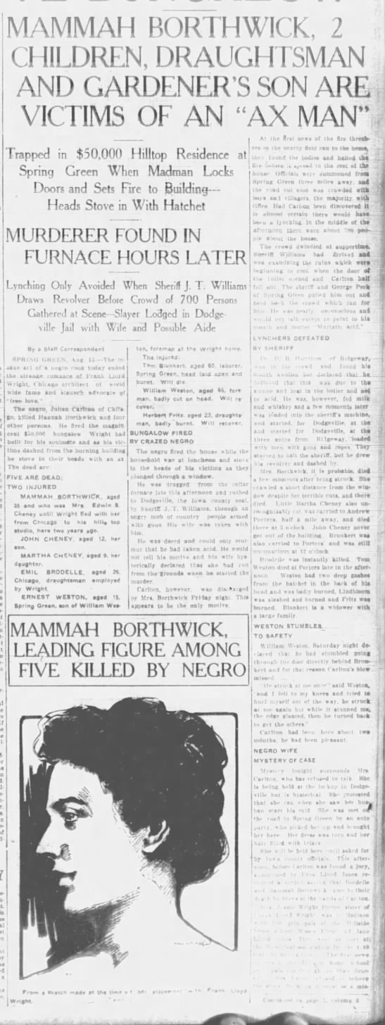 Mamah Borthwick and children murdered at home of Frank Lloyd Wright - 