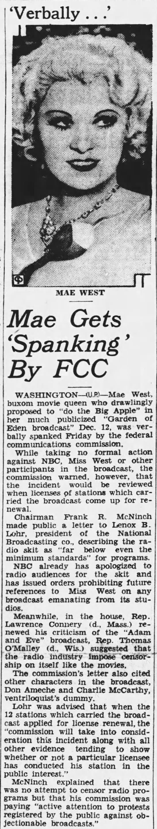 Mae West's 1937 "Big Apple" radio sketch condemned. - 