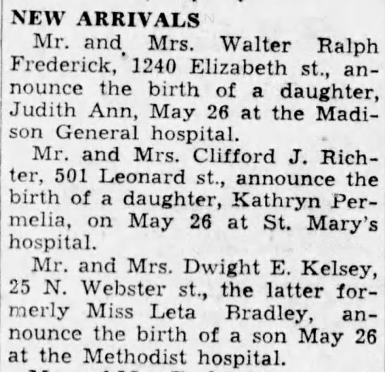 Birth announcements for May 31, 1938 - 