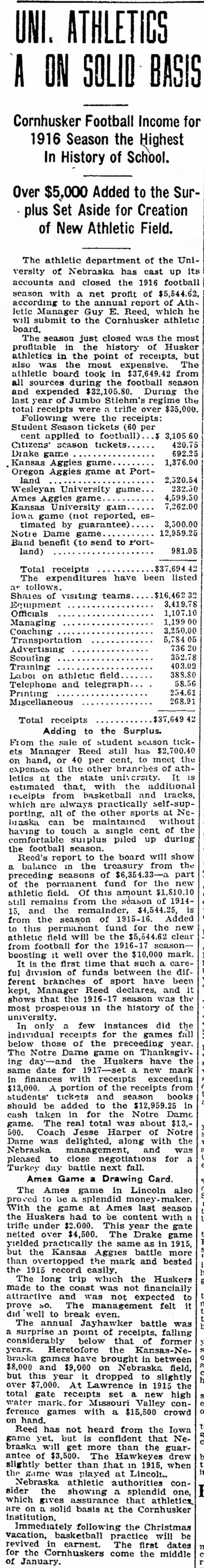 1916 Nebraska football finances - 
