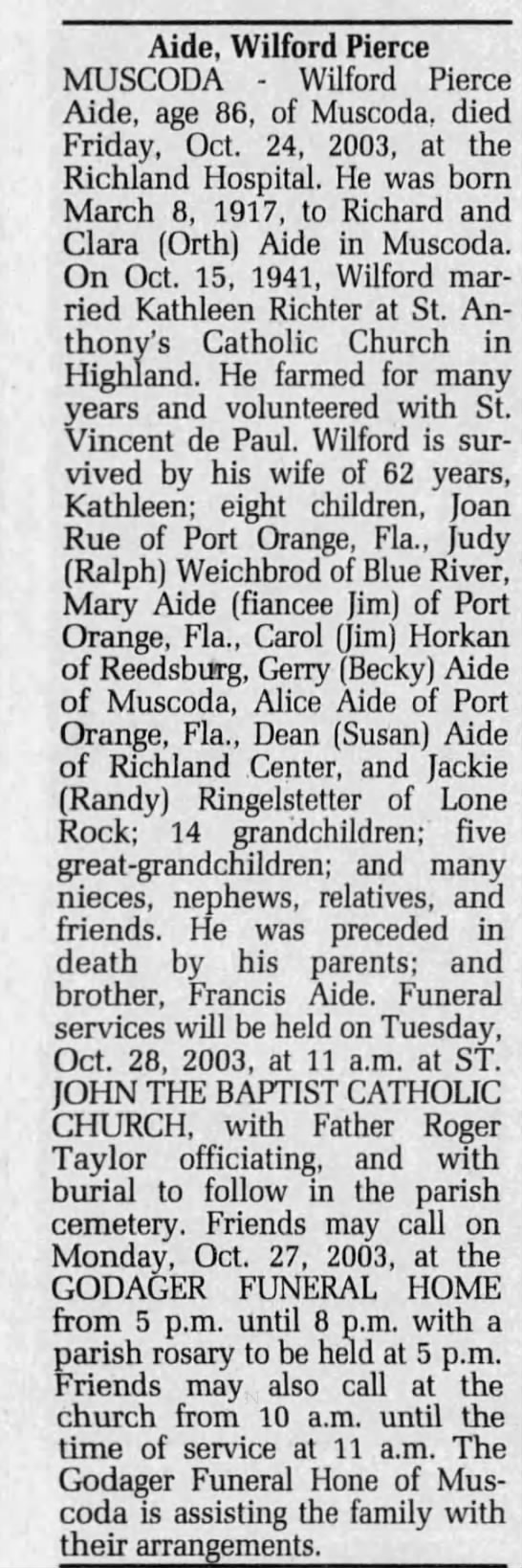 Obituary for Aide Pierce, 1917-2003 (Aged 86) - 