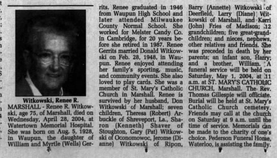 Obituary for Renee R. Witkowski, 1928-2004 (Aged 75) - 