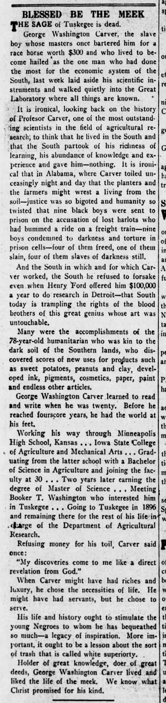 Editorial arguing the South gave "nothing" to George Washington Carver - 