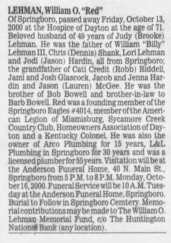 Obituary for William O. LEHMAN (Aged 71)