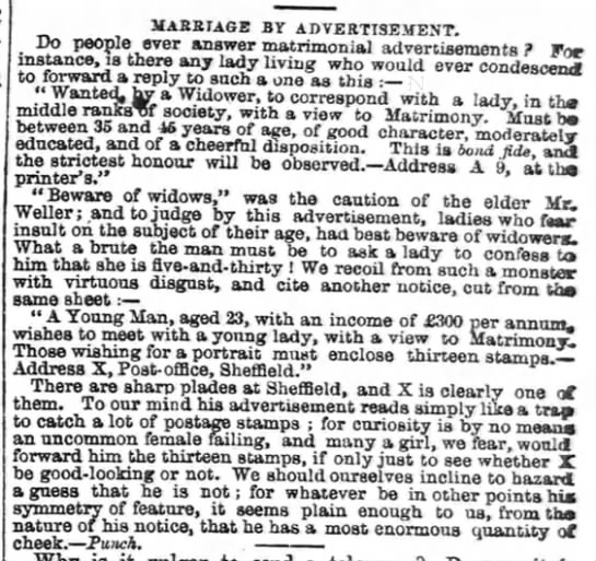Criticism of marriage advertisements, 1862 - 