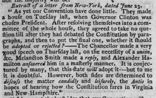 Alexander Hamilton is mentioned in a letter describing debates about the Constitution in New York - 
