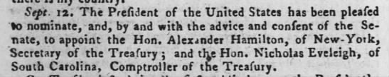 President George Washington nominates Alexander Hamilton as Secretary of the Treasury - 