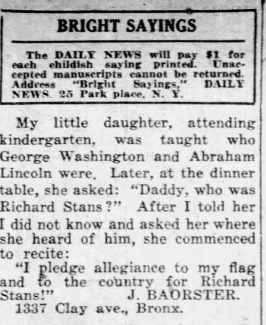 "Richard Stans" in Pledge of Allegiance (1924). - 