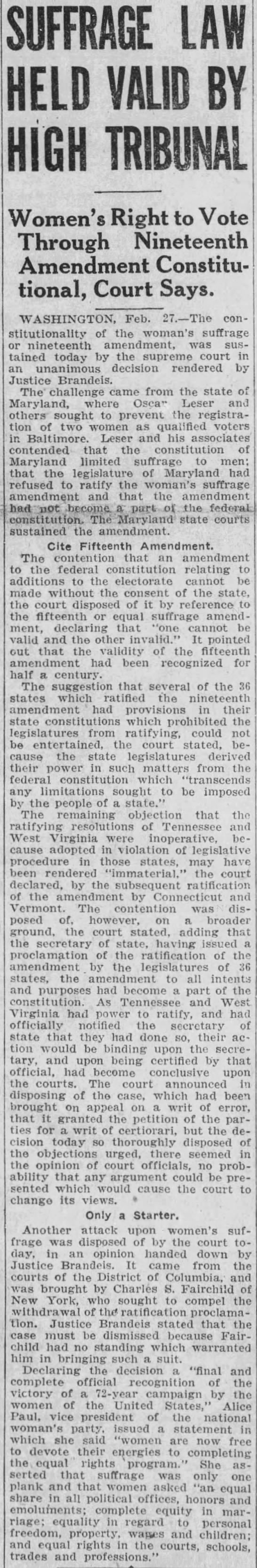 U.S. Supreme Court unanimously supports legality of 19th Amendment, 1922 - 