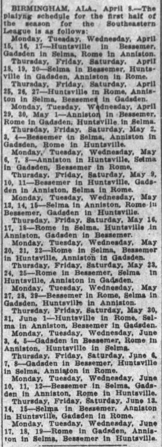1912 Southeastern League schedule 1st half - 