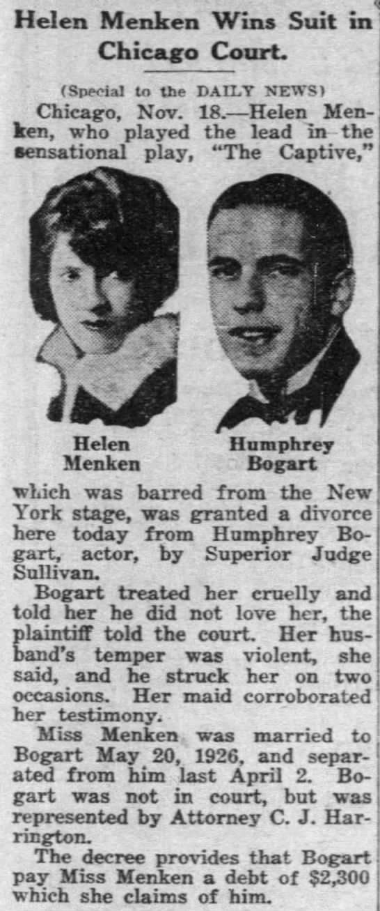 Humphrey Bogart and first wife Helen Menken get a divorce in 1927 - 