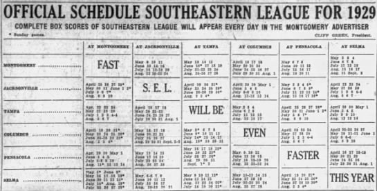 1929 Southeastern League schedule - 