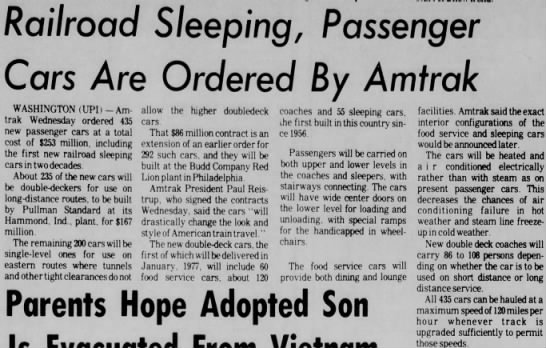 Railroad Sleeping, Passenger Cars Are Ordered By Amtrak - 