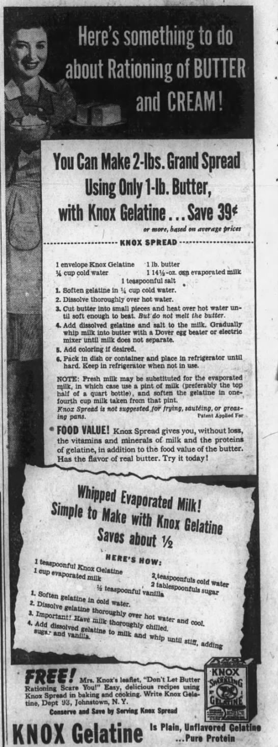 butter rationing with Knox gelatin - Dec 1942 - 
