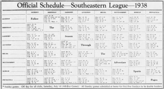 1938 Southeastern League schedule - 