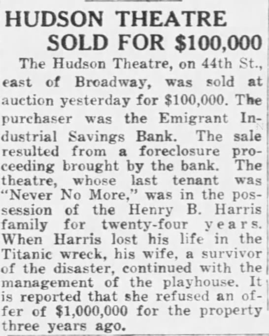 Hudson Theatre Sold for $100000 - 