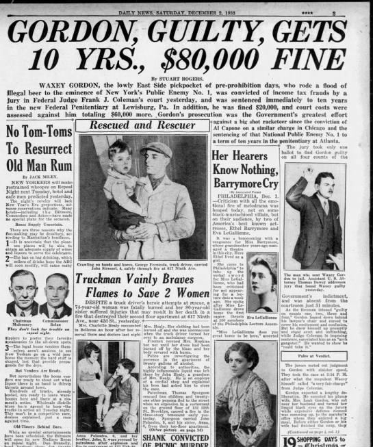 Stuart Rogers, "Gordon, Guilty, Gets 10 Yrs., $80,000 Fine," Daily News, December 2, 1933,3 - 