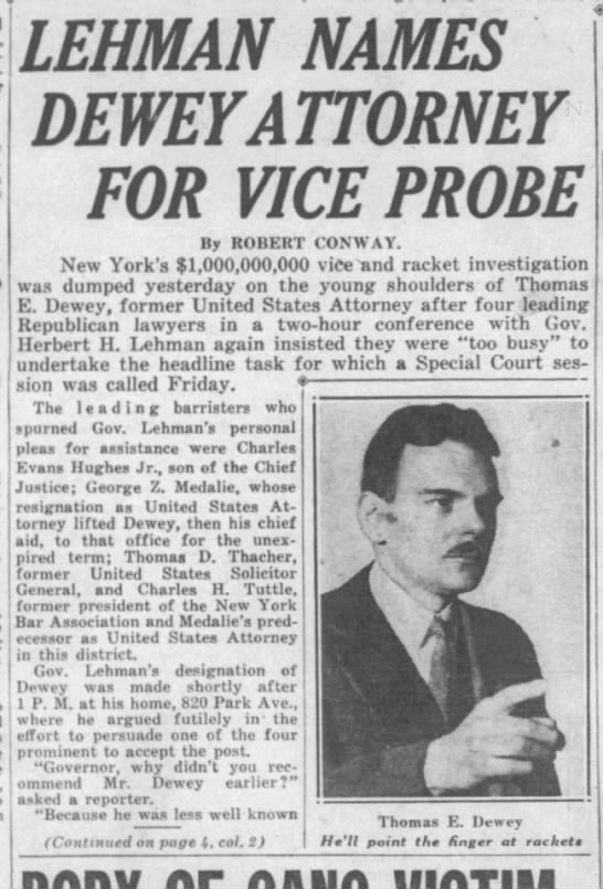 Robert Conway, "Lehman Names Dewey Attorney for Vice Probe," Daily News, 6/30/35, 2 - 