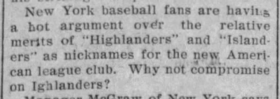 New York Highlanders (later, Yankees) nickname (1903). - 