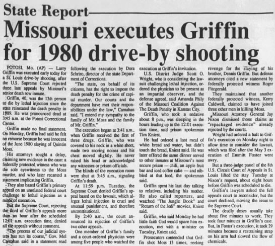 Missouri executes Griffin for 1980 drive-by shooting - 
