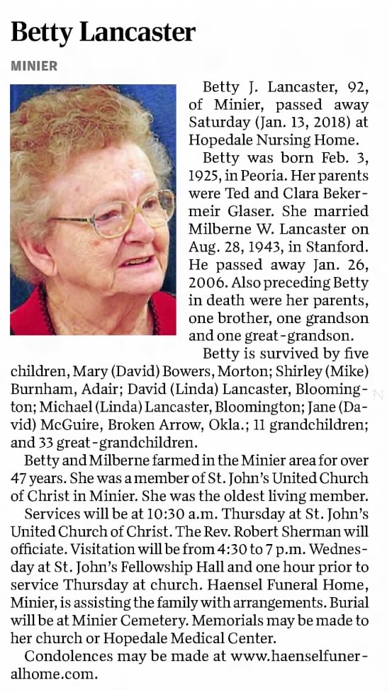 Obituary for Betty J. Lancaster, 1925-2018 (Aged 92)