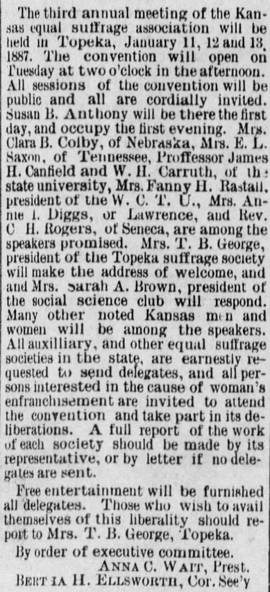 Announcement for the 3rd annual meeting of the Kansas equal suffrage association in 1887 - 