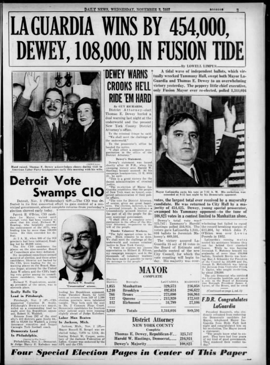 Lowell Limpus, "LaGuardia Wins by 454,000, Dewey, 108,000, in Fusion Tide," 11/3/7, 3 - 