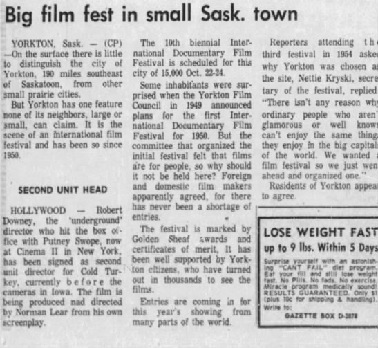 Big film fest in small Sask. town. 13 Sep 1969. The Gazette. P. 75. - 