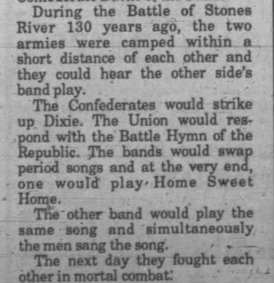 Military bands play "Home Sweet Home" during the Battle of Stones River - 